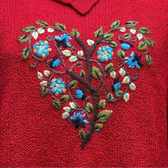 Coldwater Creek Embroidered Sweater Red Cottagecore Heart Tree Floral Sz Medium - Picture 4 of 12